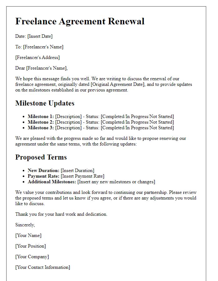 Letter template of freelance agreement renewal with milestone updates