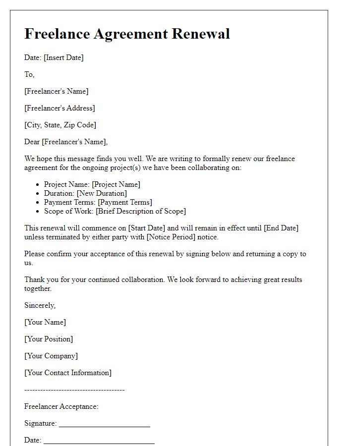 Letter template of freelance agreement renewal for ongoing projects