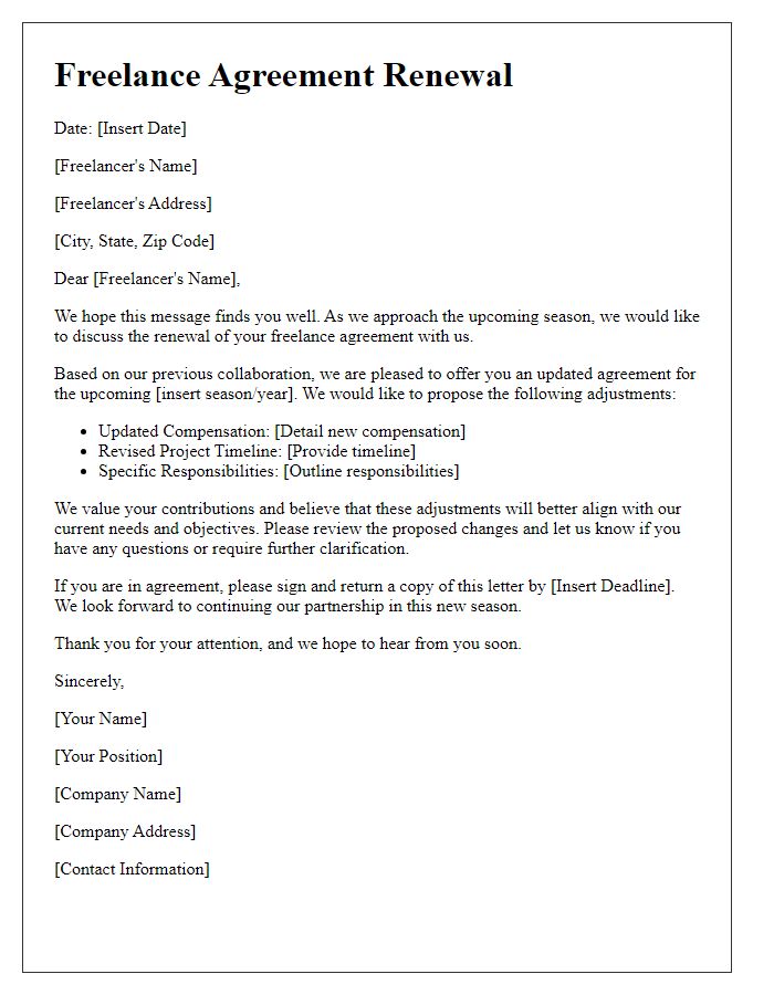 Letter template of freelance agreement renewal for seasonal work adjustments