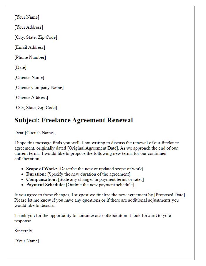 Letter template of freelance agreement renewal under new terms