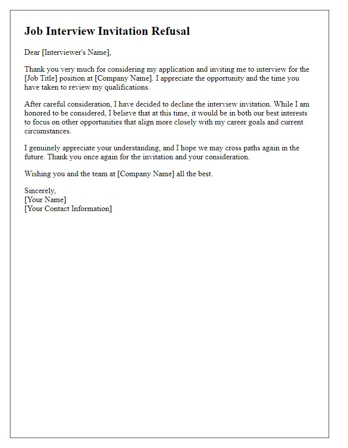 Letter template of courteous refusal for job interview invitation