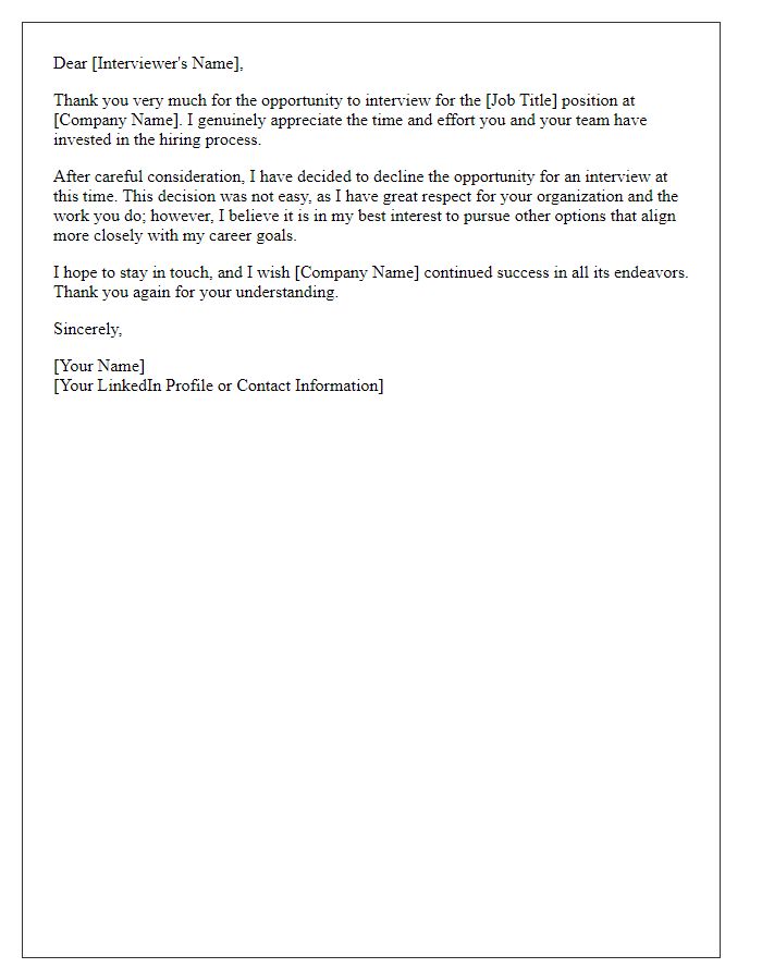 Letter template of gracious declination for prospective interview