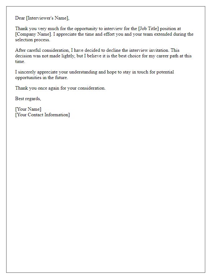 Letter template of professional declination for job interview