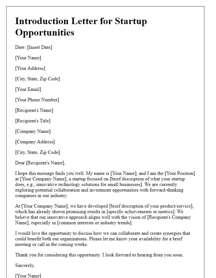 Letter template of introduction for startup opportunities