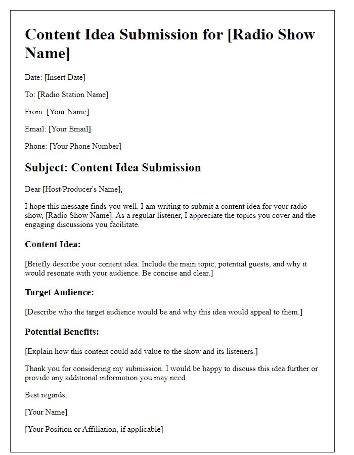 Letter template of radio show content idea submission