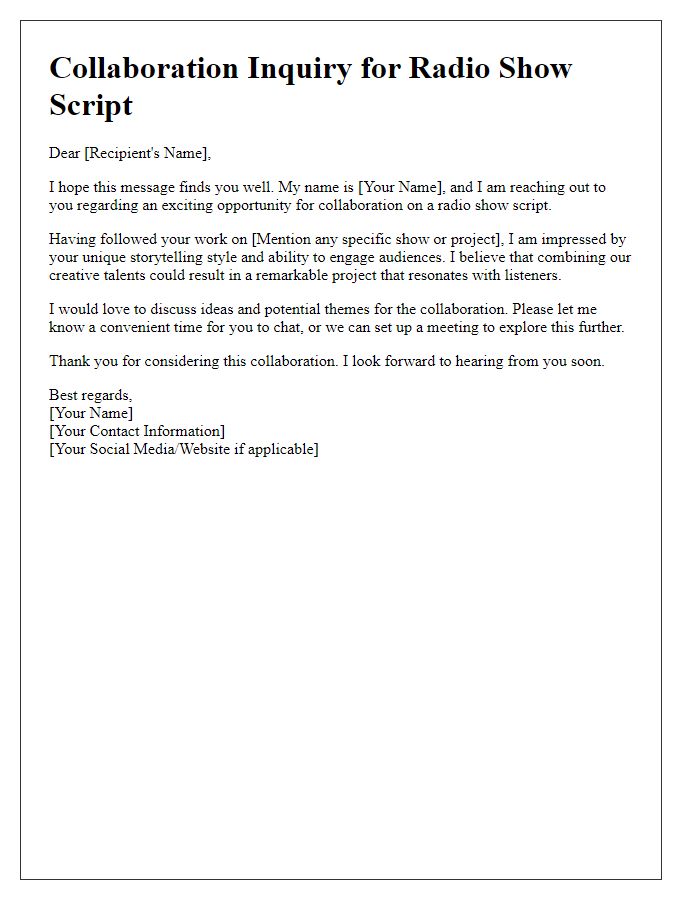 Letter template of radio show script collaboration inquiry