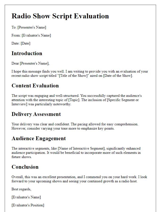 Letter template of radio show script evaluation