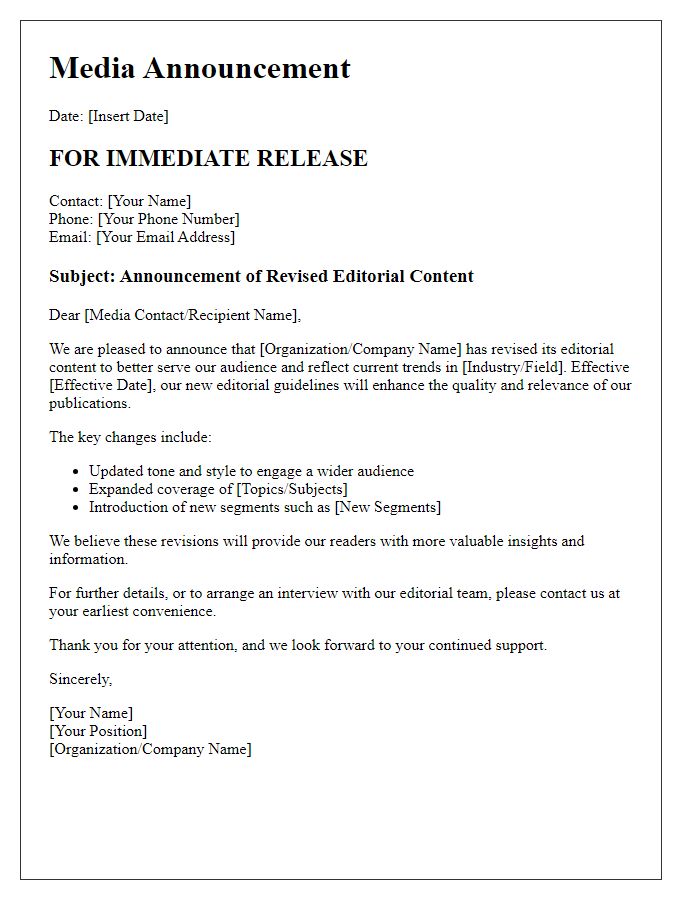 Letter template of media announcement for revised editorial content.