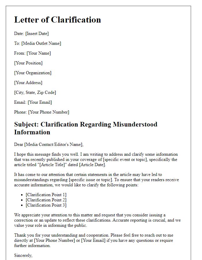 Letter template of media clarification for misunderstood information.