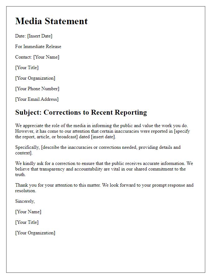 Letter template of media statement regarding corrections in reporting.