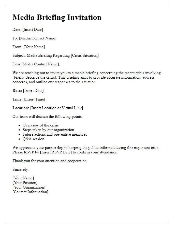 Letter template of media briefing for crisis situations