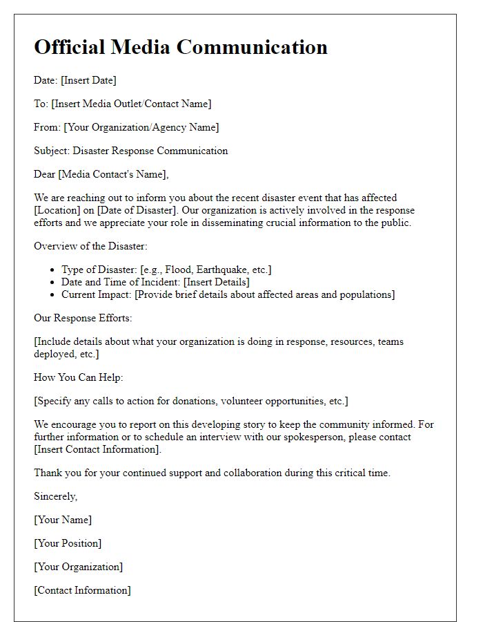 Letter template of media communication for disaster response