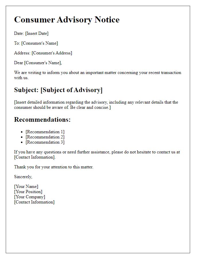 Letter template of consumer advisory communications