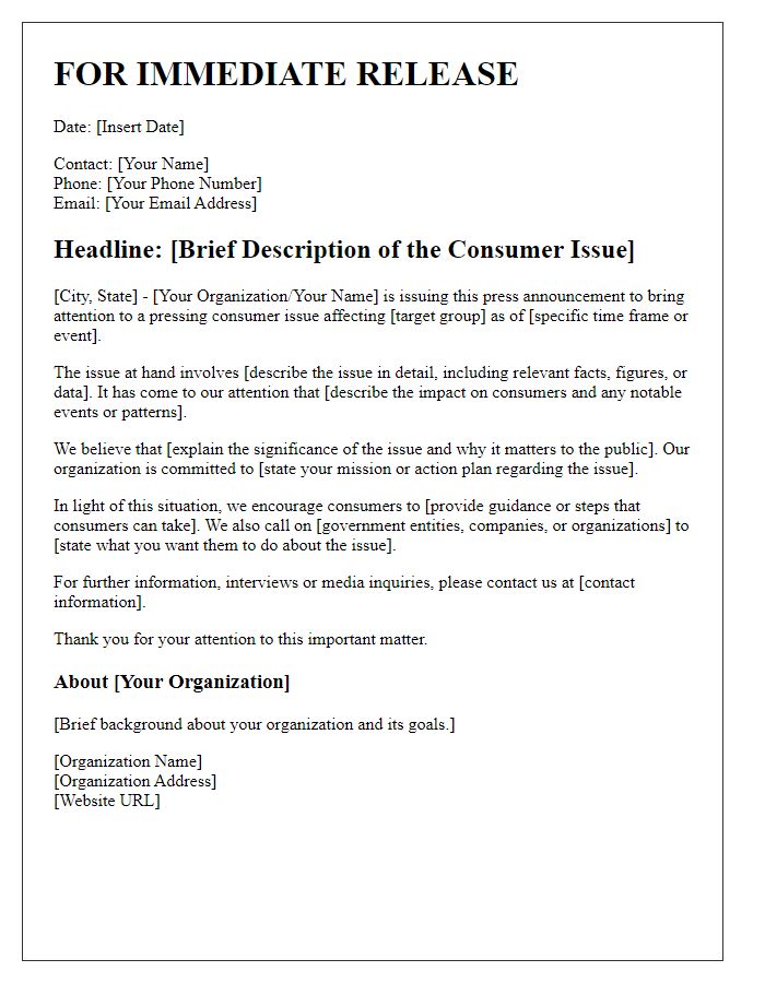 Letter template of consumer issue press announcement