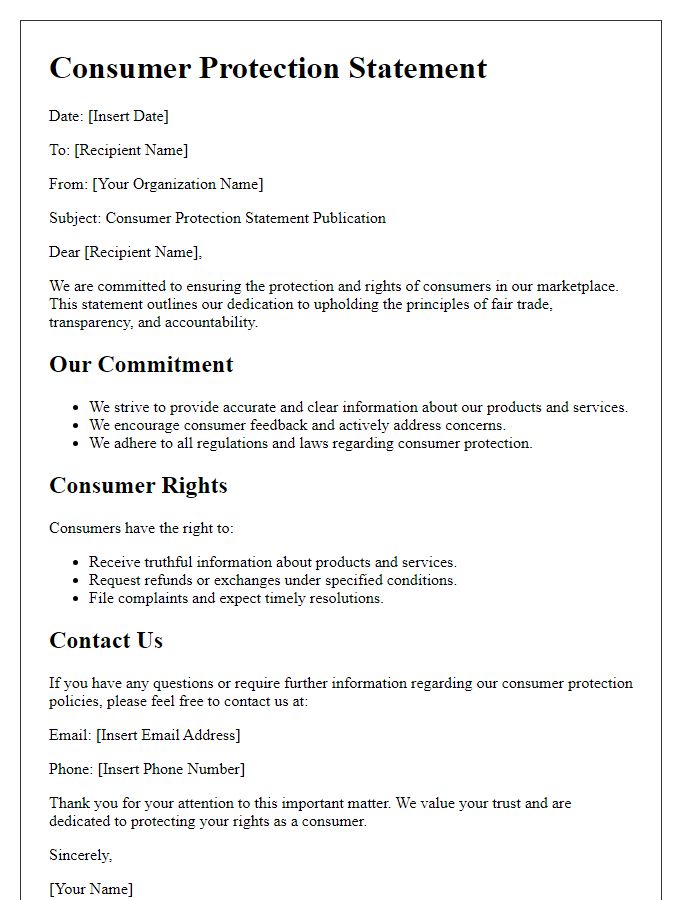 Letter template of consumer protection statement publication