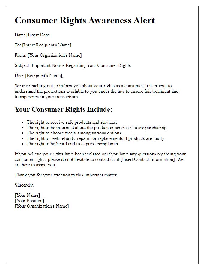 Letter template of consumer rights awareness alert