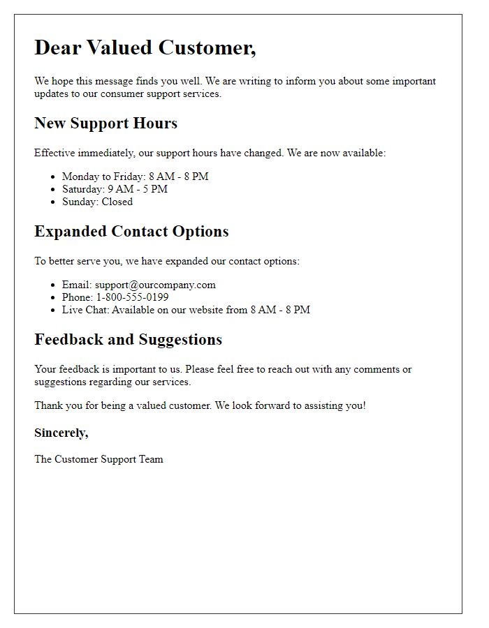 Letter template of consumer support service update