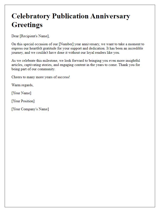 Letter template of celebratory publication anniversary greetings