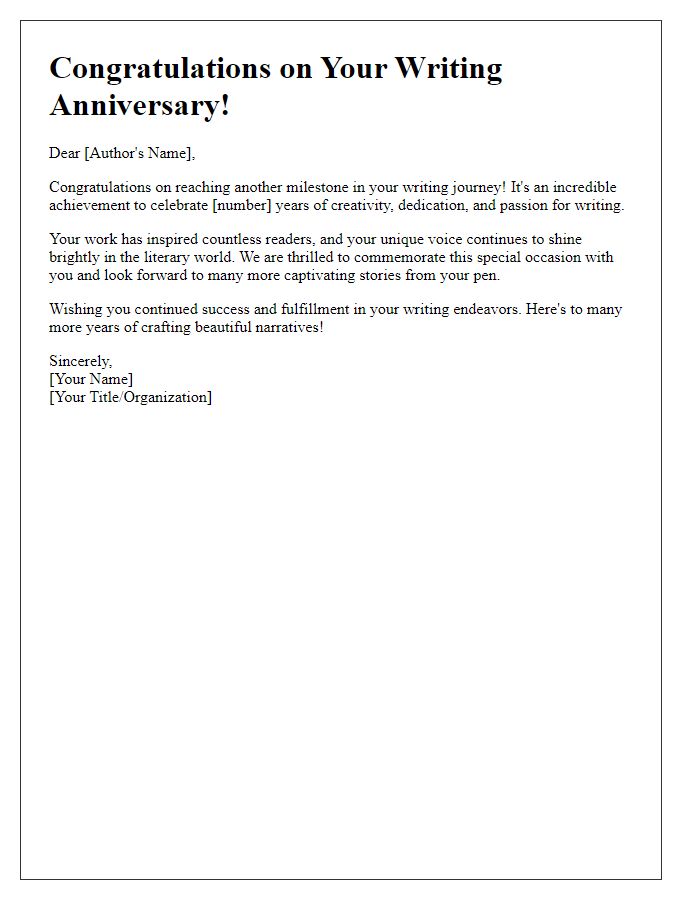 Letter template of congratulatory remarks for your writing anniversary