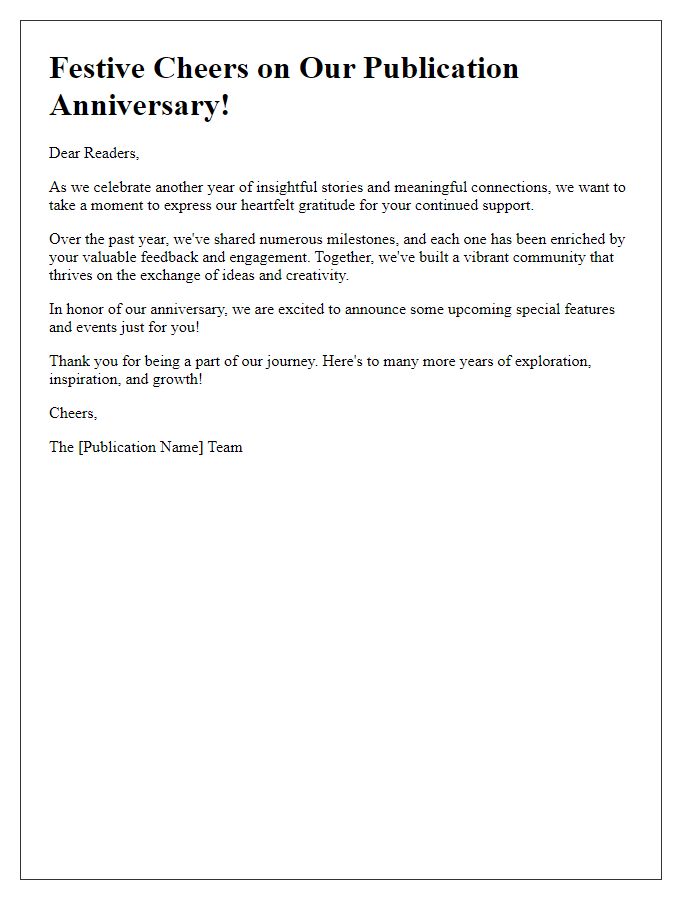 Letter template of festive cheers for your publication anniversary