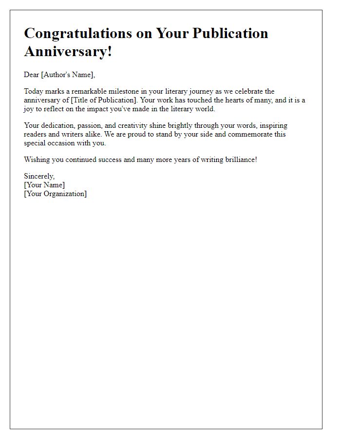 Letter template of heartfelt publication anniversary congratulations