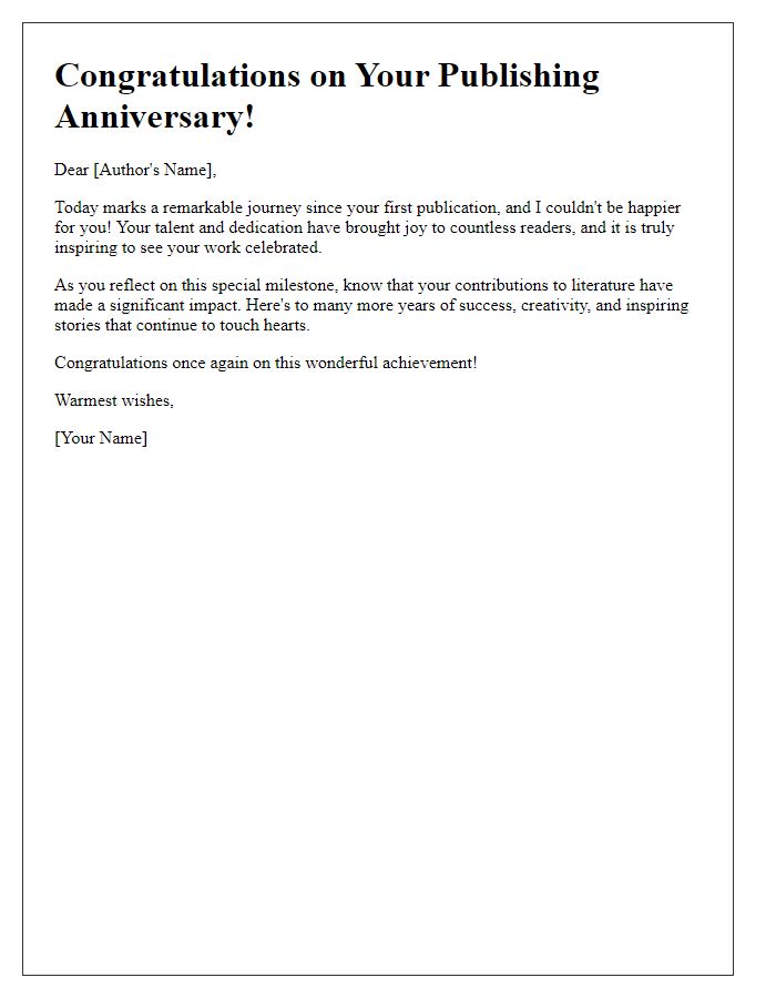 Letter template of joyful congratulations on your publishing anniversary