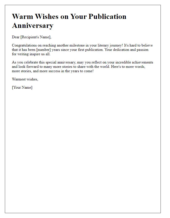 Letter template of warm wishes on your publication anniversary