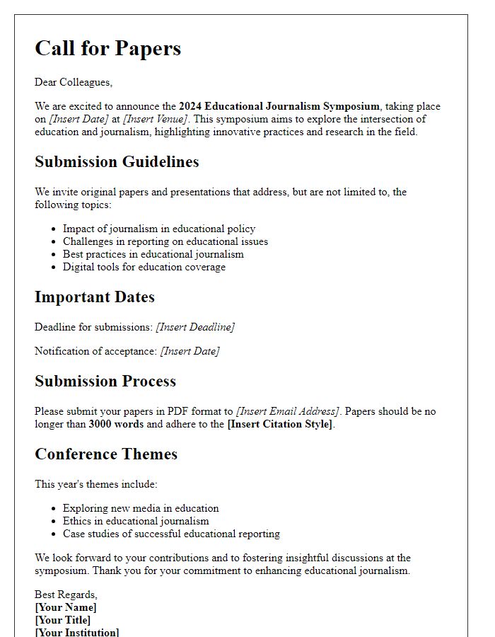 Letter template of call for papers for educational journalism symposium.