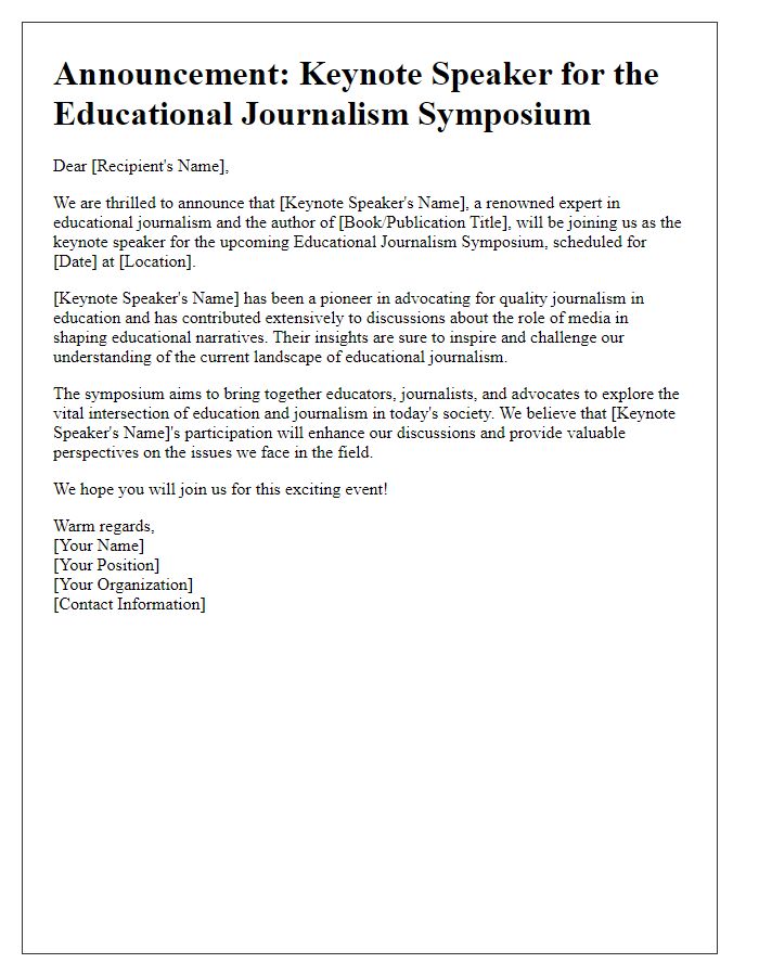 Letter template of keynote speaker announcement for educational journalism symposium.