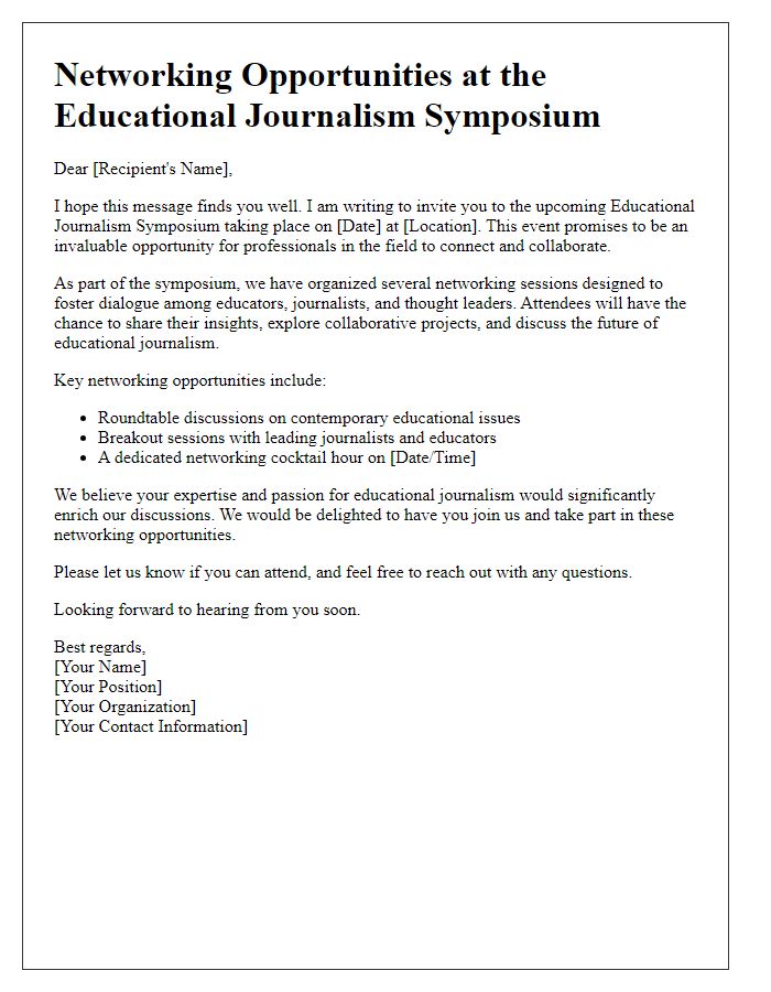 Letter template of networking opportunities at the educational journalism symposium.