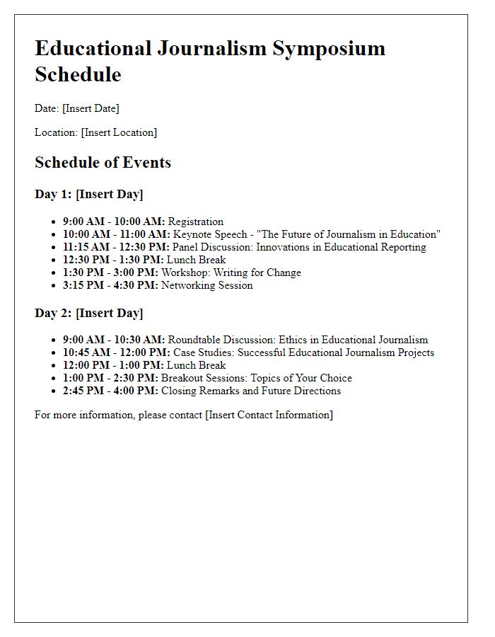 Letter template of schedule outline for educational journalism symposium events.