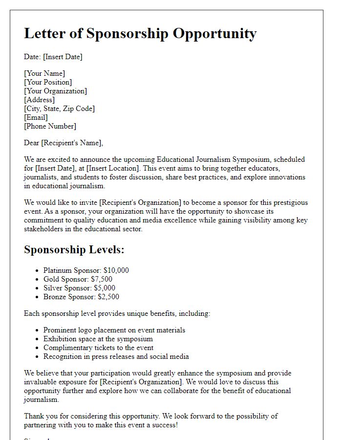 Letter template of sponsorship opportunities for educational journalism symposium.