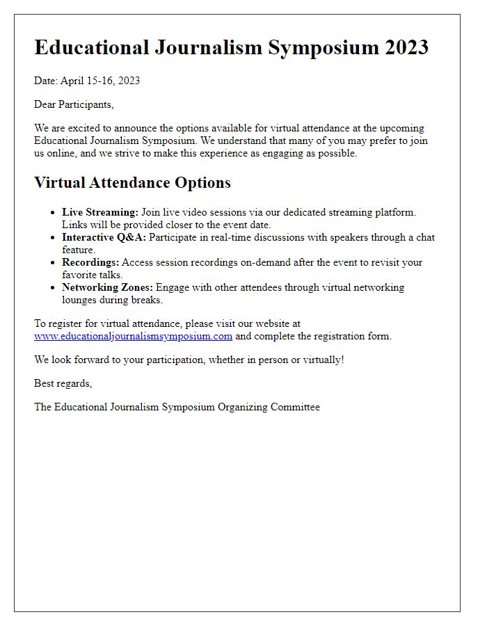 Letter template of virtual attendance options for educational journalism symposium.