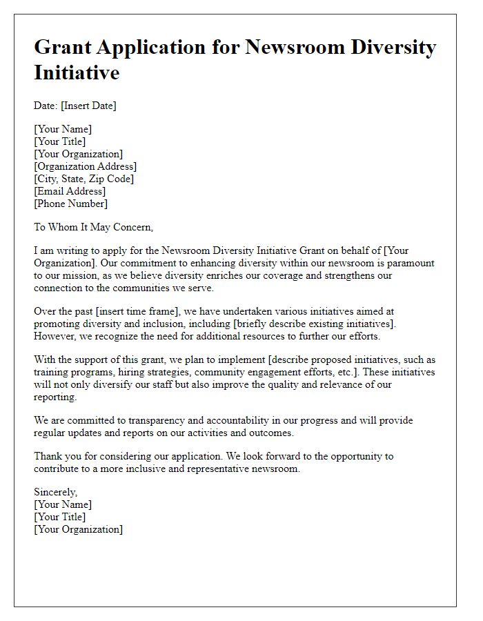 Letter template of newsroom diversity initiative grant application