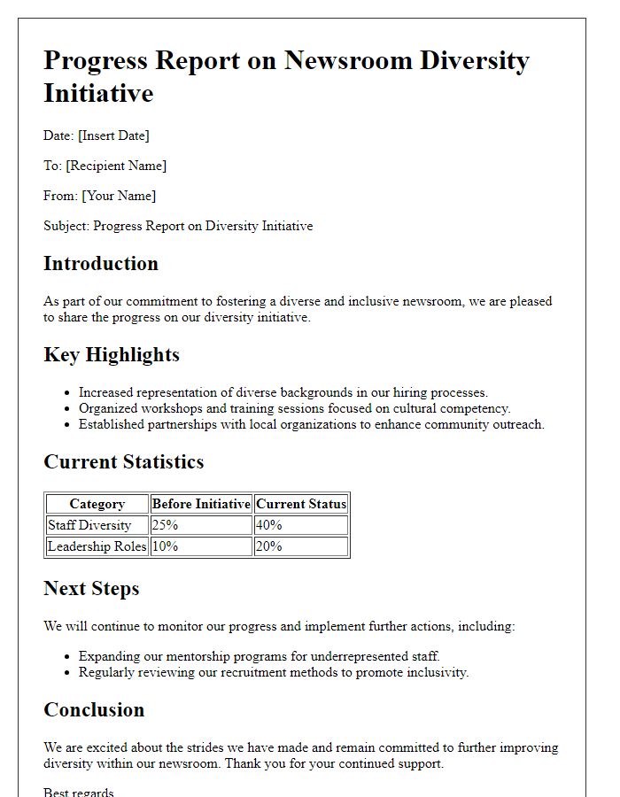 Letter template of newsroom diversity initiative progress report