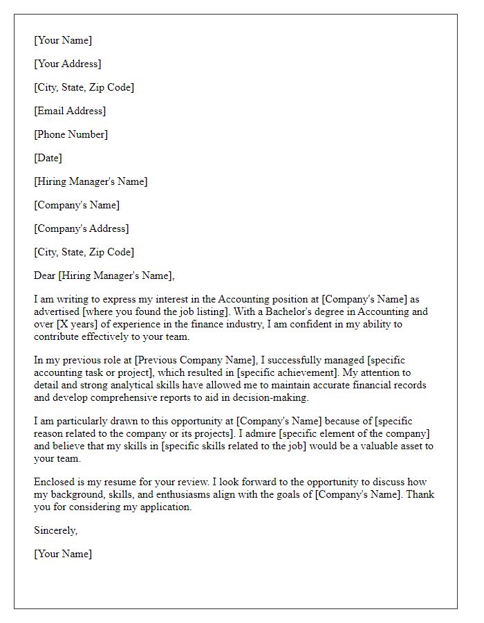 Letter template of finance industry cover letter for accounting position.