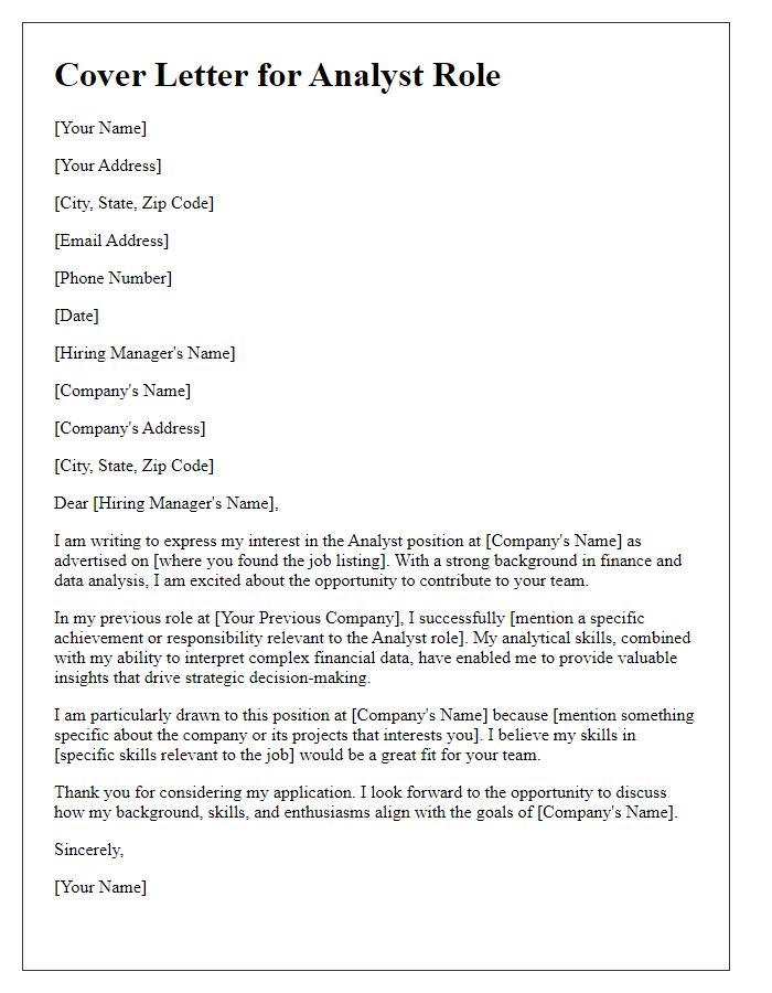 Letter template of finance industry cover letter for analyst role.