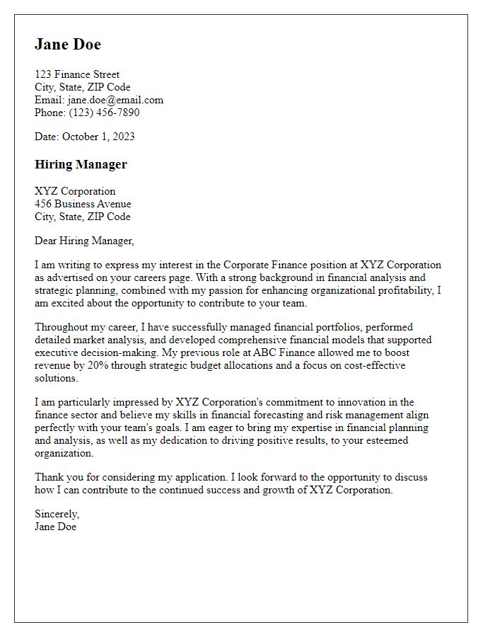 Letter template of finance industry cover letter for corporate finance position.