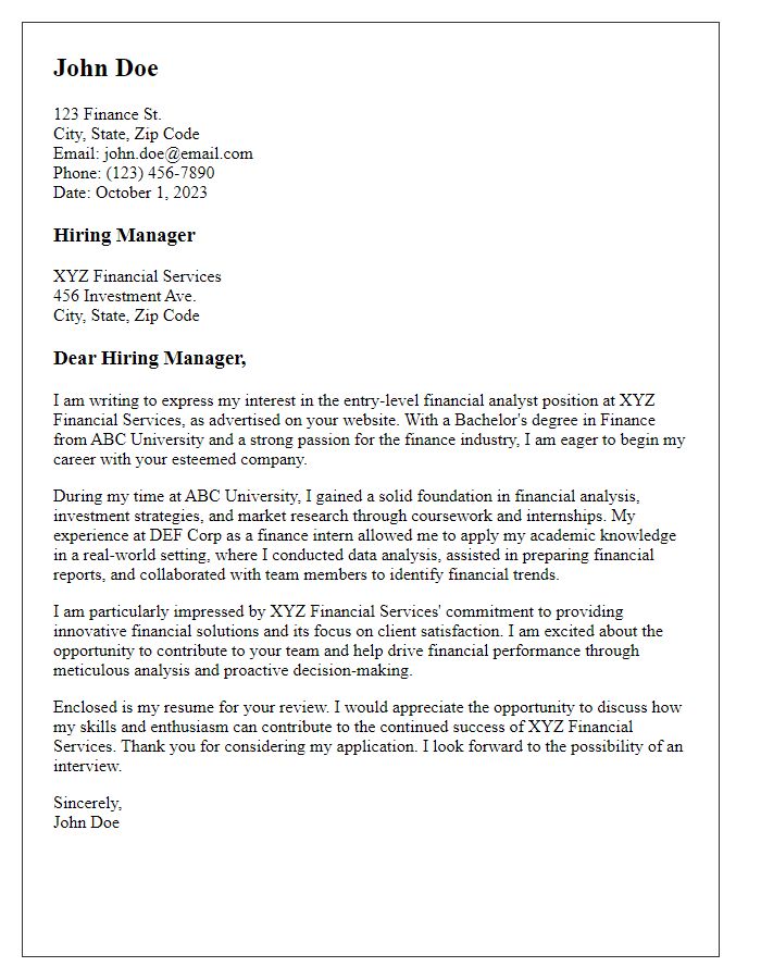 Letter template of finance industry cover letter for entry-level position.