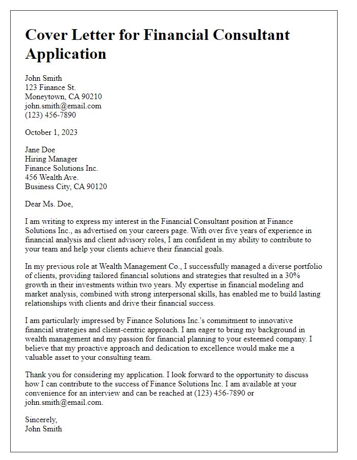 Letter template of finance industry cover letter for financial consultant application.