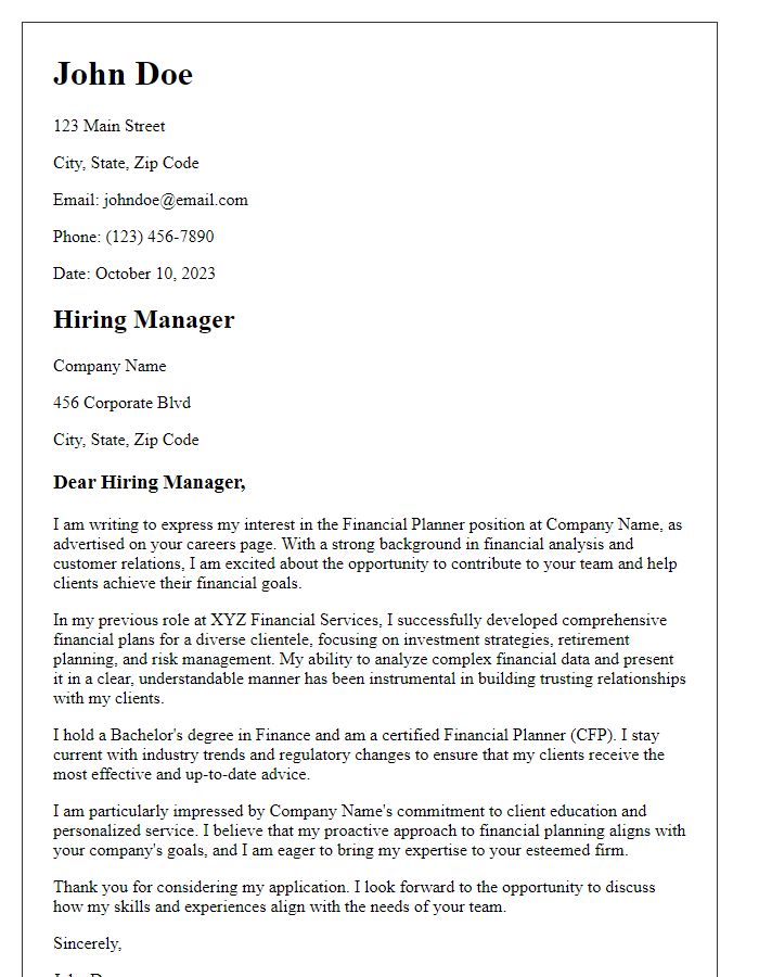 Letter template of finance industry cover letter for financial planning role.