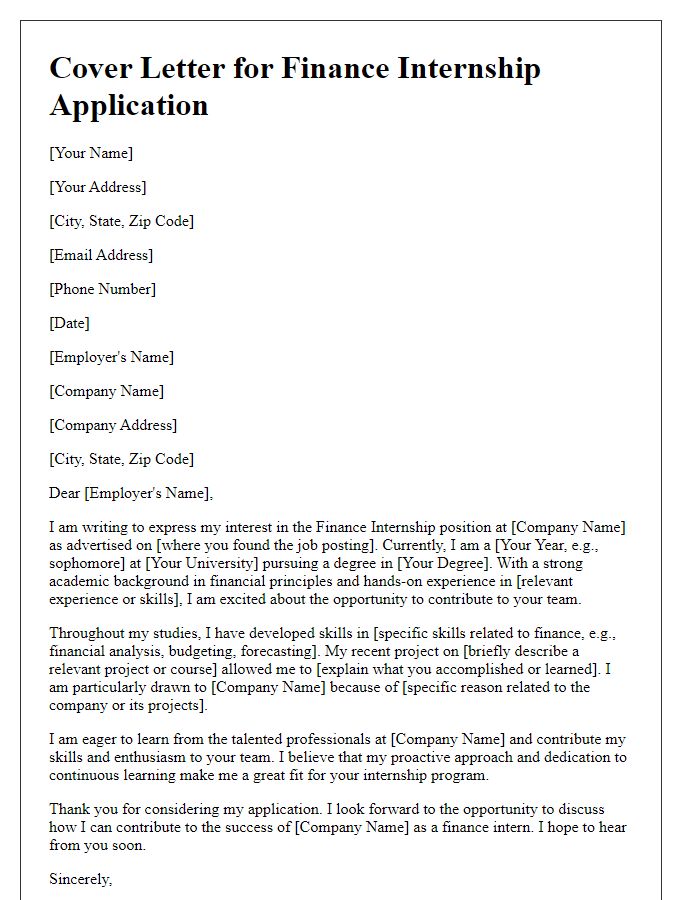 Letter template of finance industry cover letter for internship application.