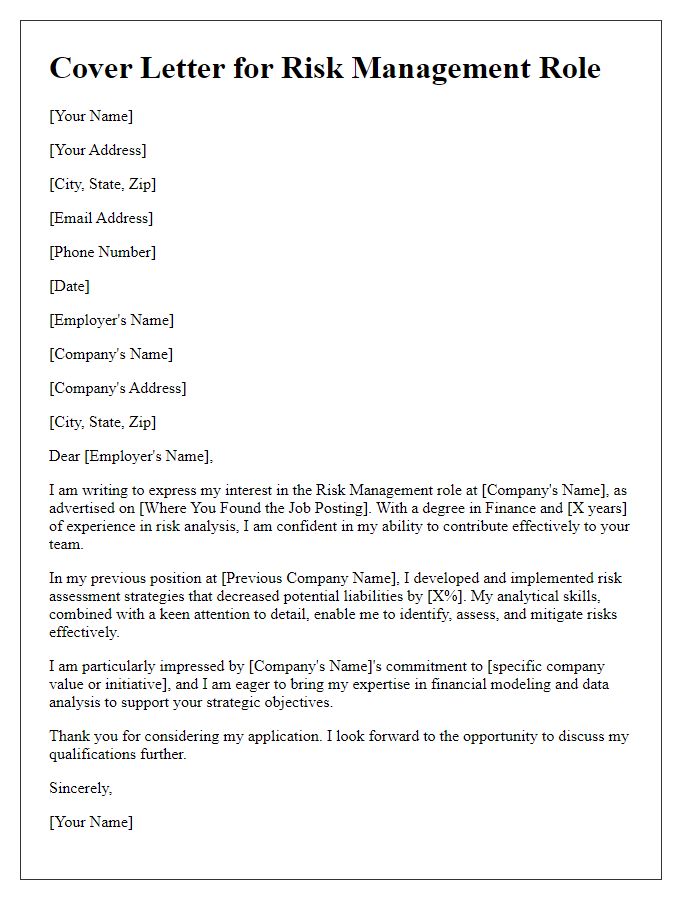 Letter template of finance industry cover letter for risk management role.