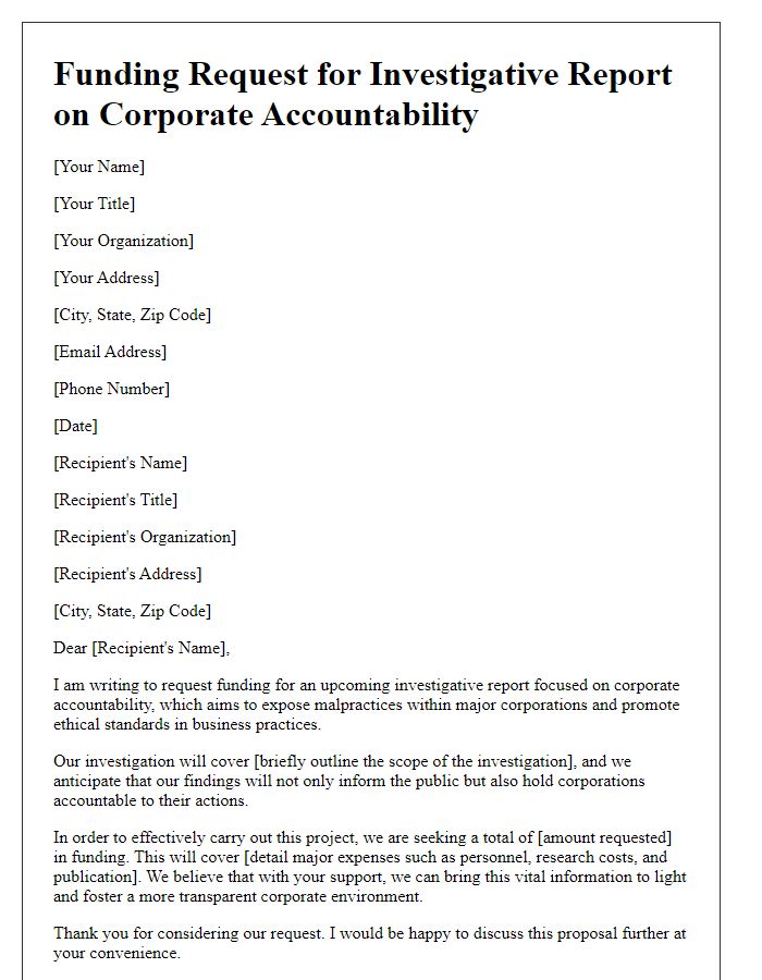 Letter template of funding request for investigative report on corporate accountability.