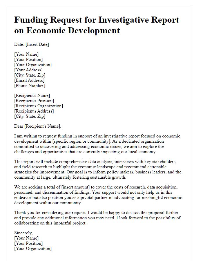 Letter template of funding request for investigative report on economic development.