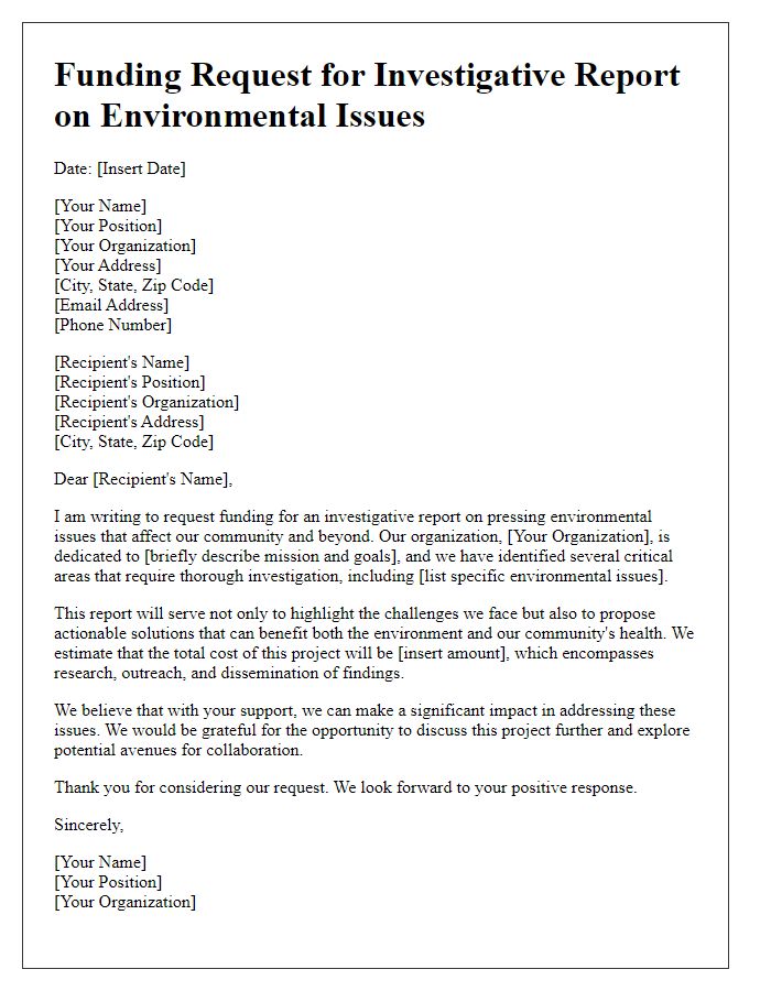 Letter template of funding request for investigative report on environmental issues.