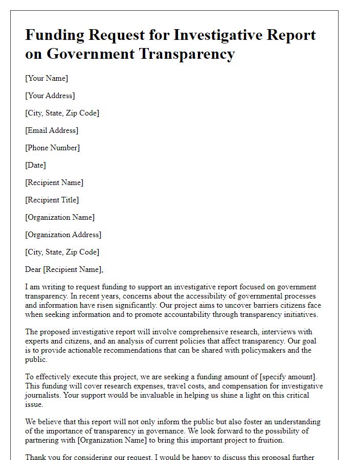 Letter template of funding request for investigative report on government transparency.