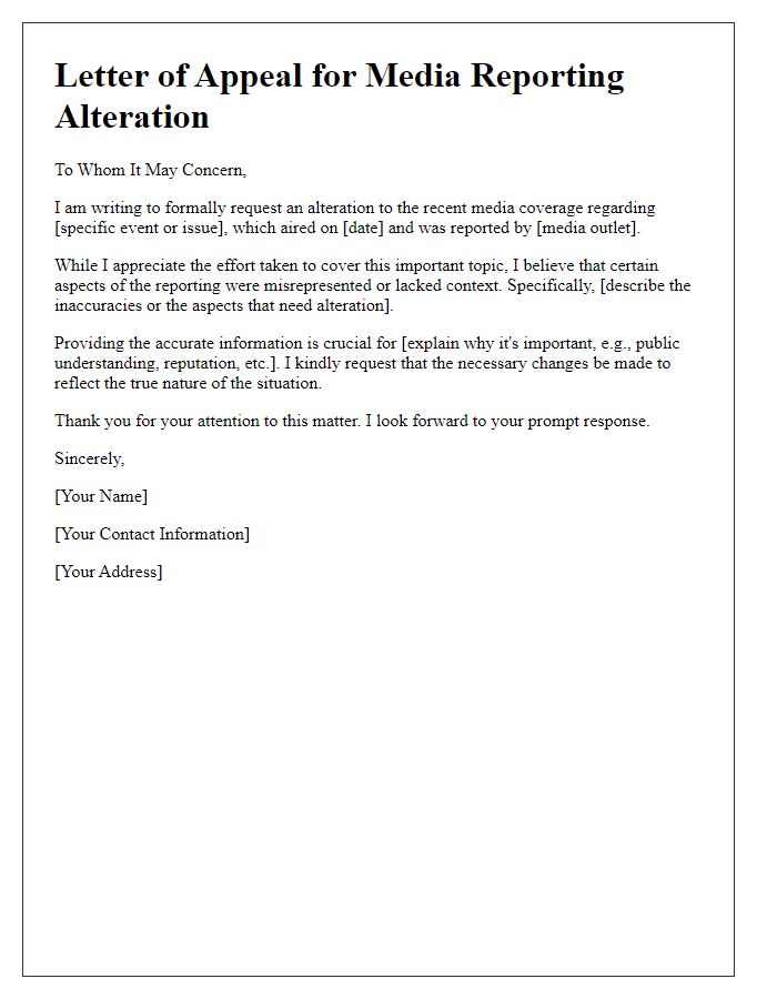 Letter template of appeal for media reporting alteration