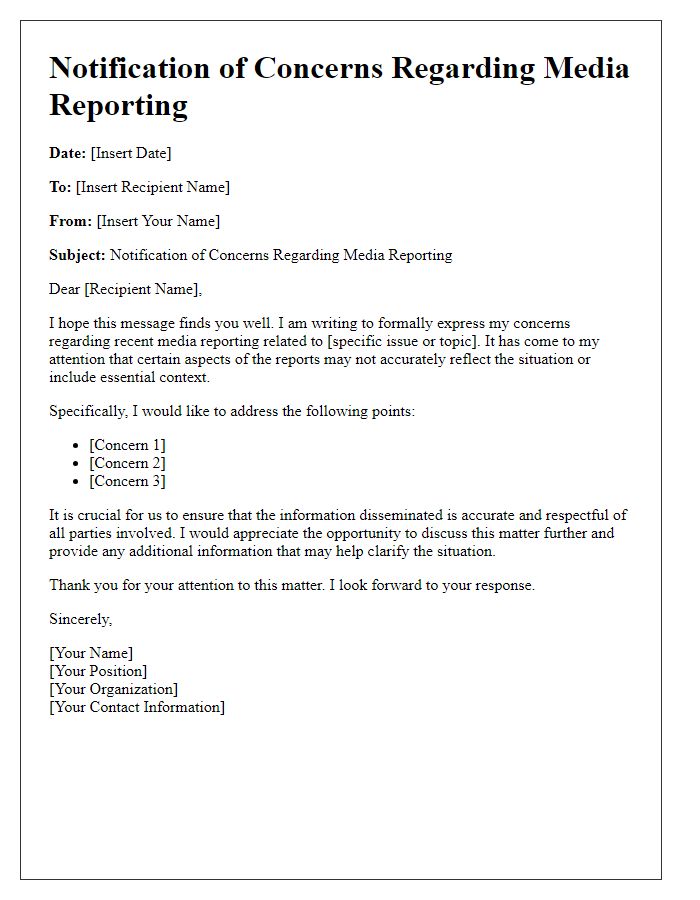 Letter template of notification for media reporting concerns