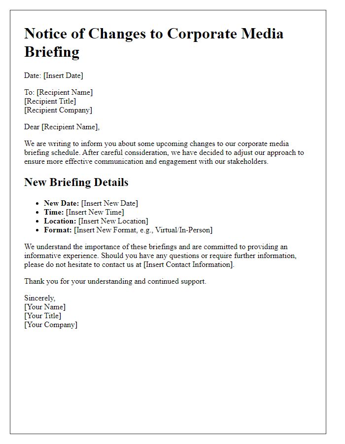 Letter template of corporate media briefing changes